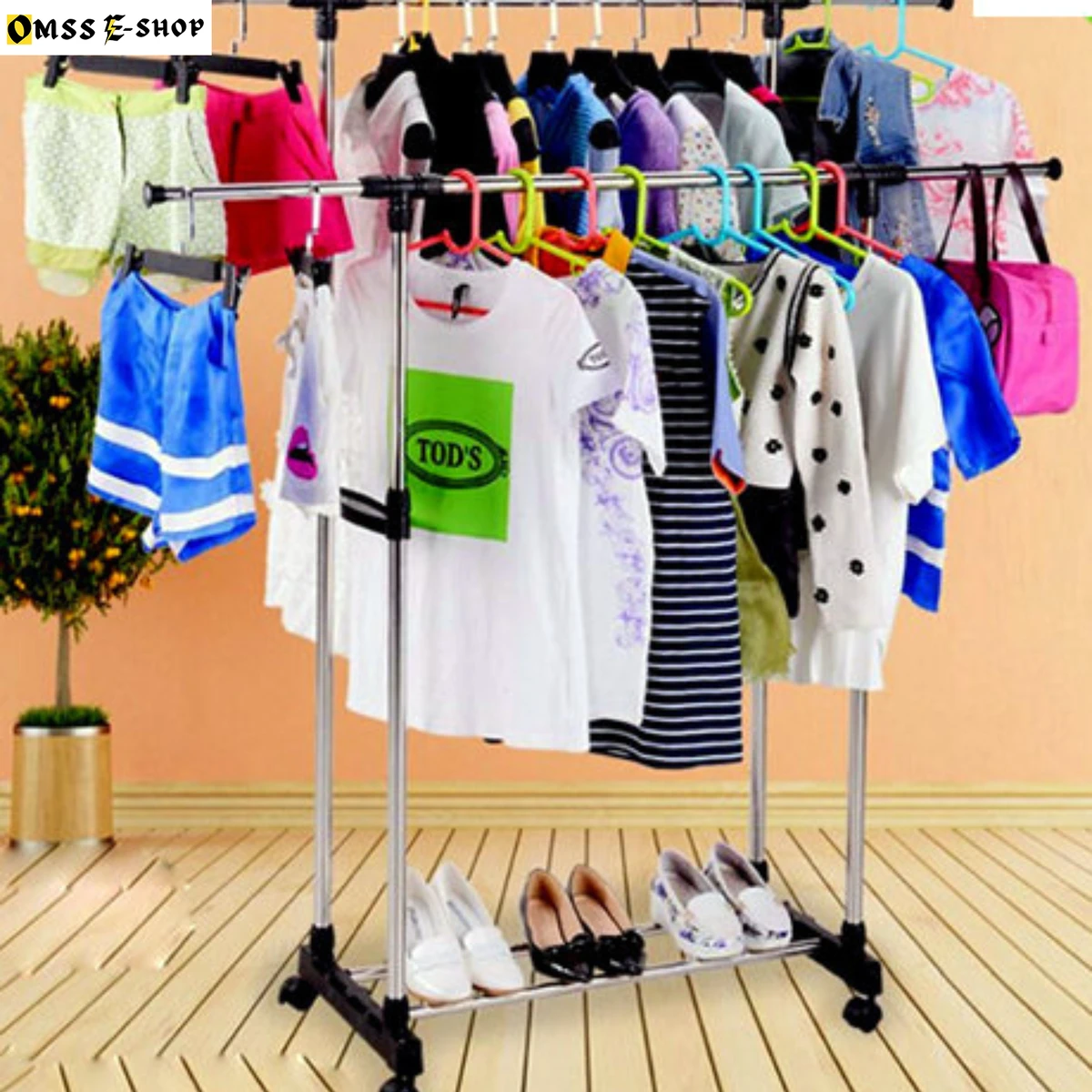 Adjustable Stainless Steel Double-Pole Clothes Hanger/Rack, Rolling Bar Rail Rack (for Clothes/Shoes) RP-950DH-RE