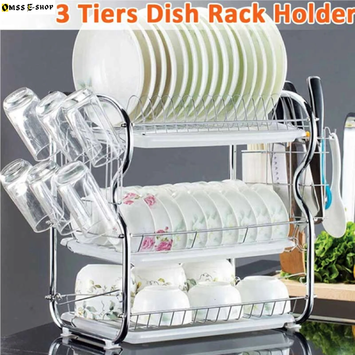 Dish Drying Rack 3-Tier Stainless Steel Kitchen Shelf Dish Rack Draining Kitchen Plate Cup Dish Drying Rack Tray Cutlery Dish Drainer