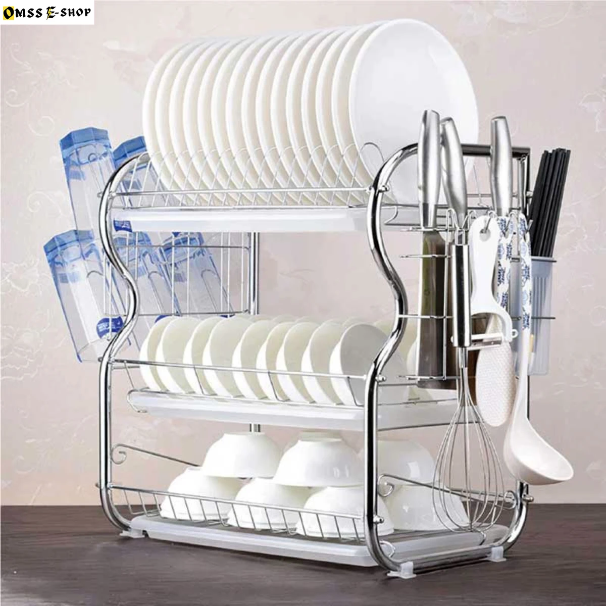 Dish Drying Rack 3-Tier Stainless Steel Kitchen Shelf Dish Rack Draining Kitchen Plate Cup Dish Drying Rack Tray Cutlery Dish Drainer
