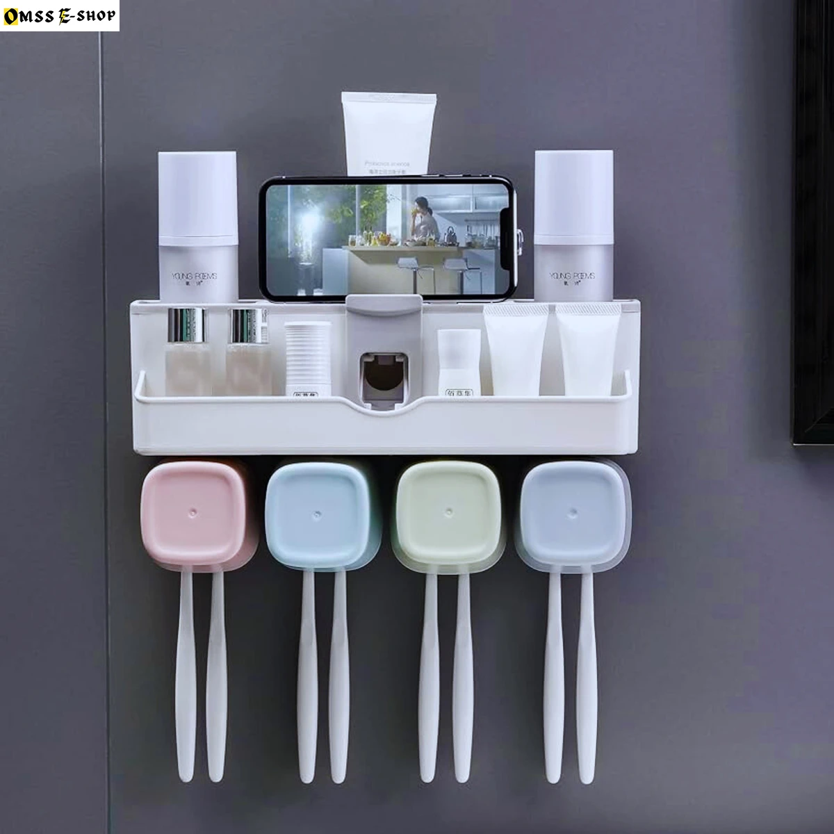 Wall Mounted Toothbrush Cup Holder with 4 Cups Toothbrush Storage Set Multi-Functional Slots Bathroom Organizer Stand