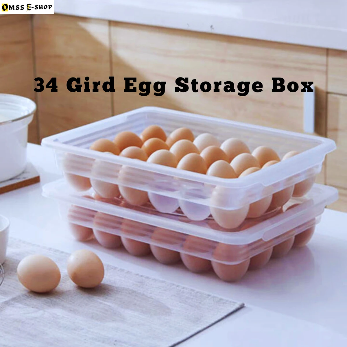 34 Grid Plastic Egg Storage Container, Clear Egg Holder with Lid, Large Plastic Egg Tray for Refrigerator