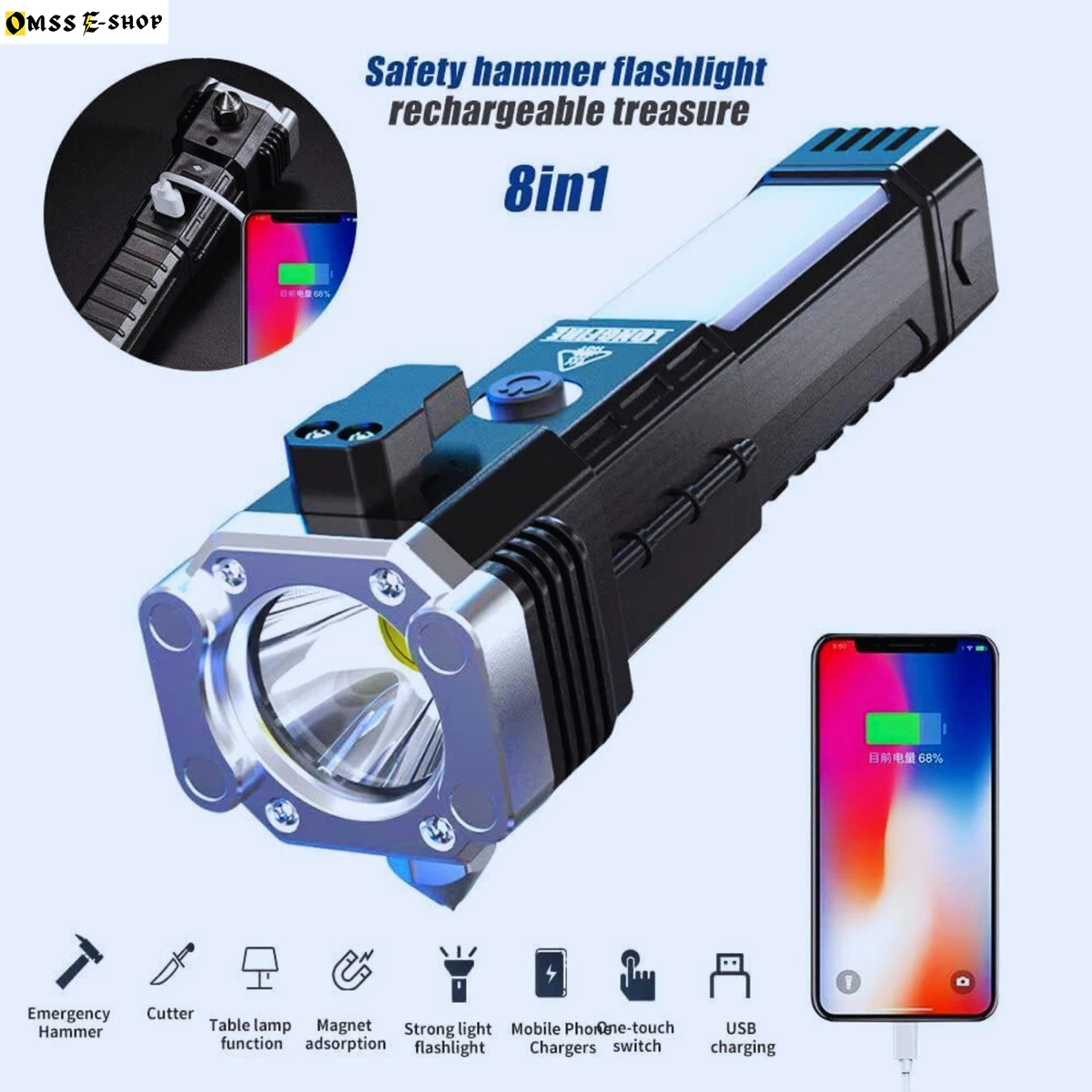8-in-1 Portable And Rechargeable Strong Flashlight With Emergency Rescue Fire Self Safety Window Broken Hammer 12W Torch Light (COB)