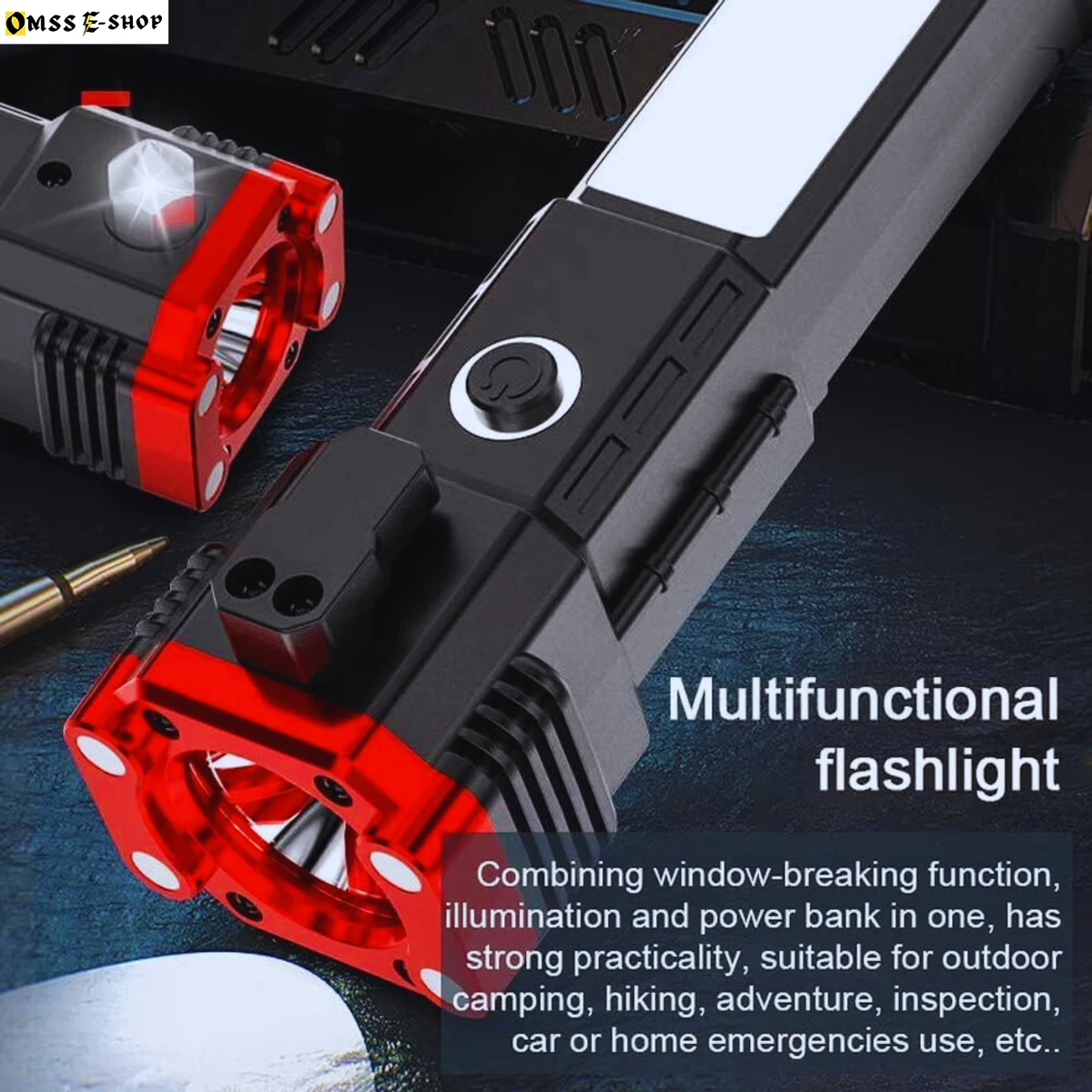 8-in-1 Portable And Rechargeable Strong Flashlight With Emergency Rescue Fire Self Safety Window Broken Hammer 12W Torch Light (COB)