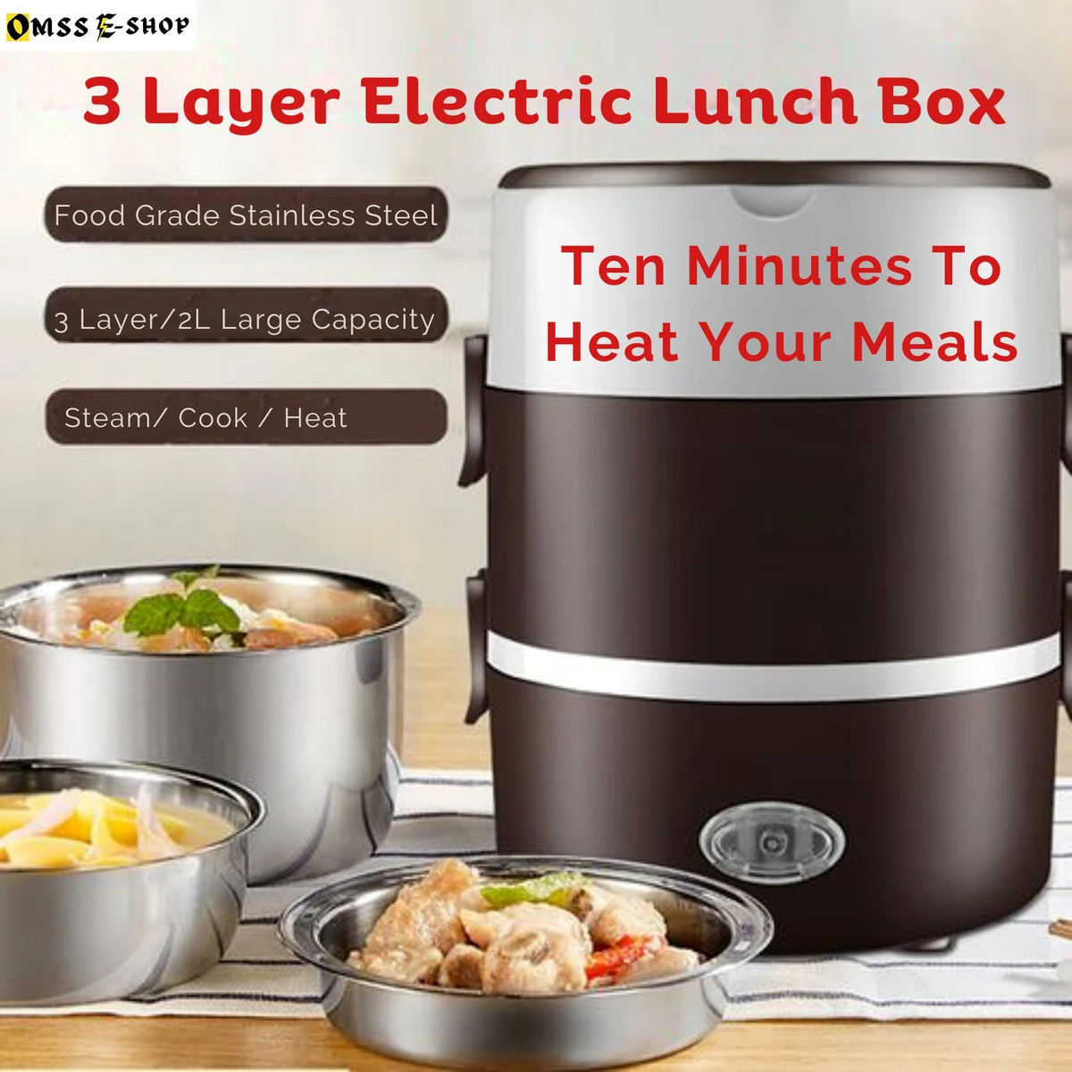 3 Layers Electric Cooking Lunch Box 2L Portable Electric Heating Lunch Box