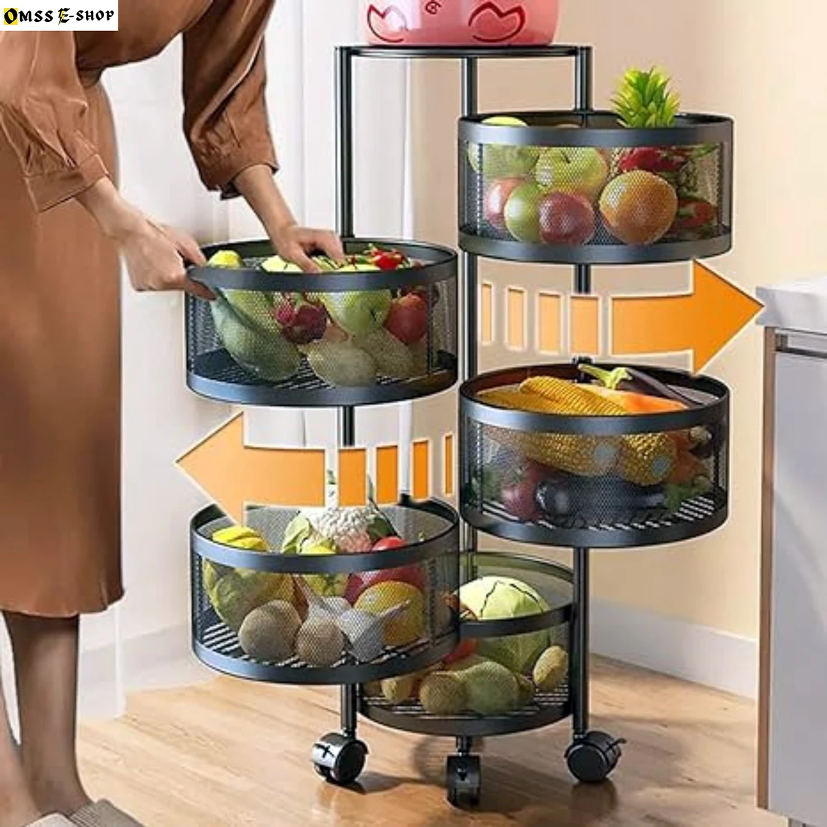 Home Kitchen Cube Round Design Metal Frame 5 Layer Portable And Rotating Storage Trolley Rack Fruits and Vegetable Onion Cutlery, Spice, Jars Container, Basket Organizer Holder Stand for Kitchen - Black Color