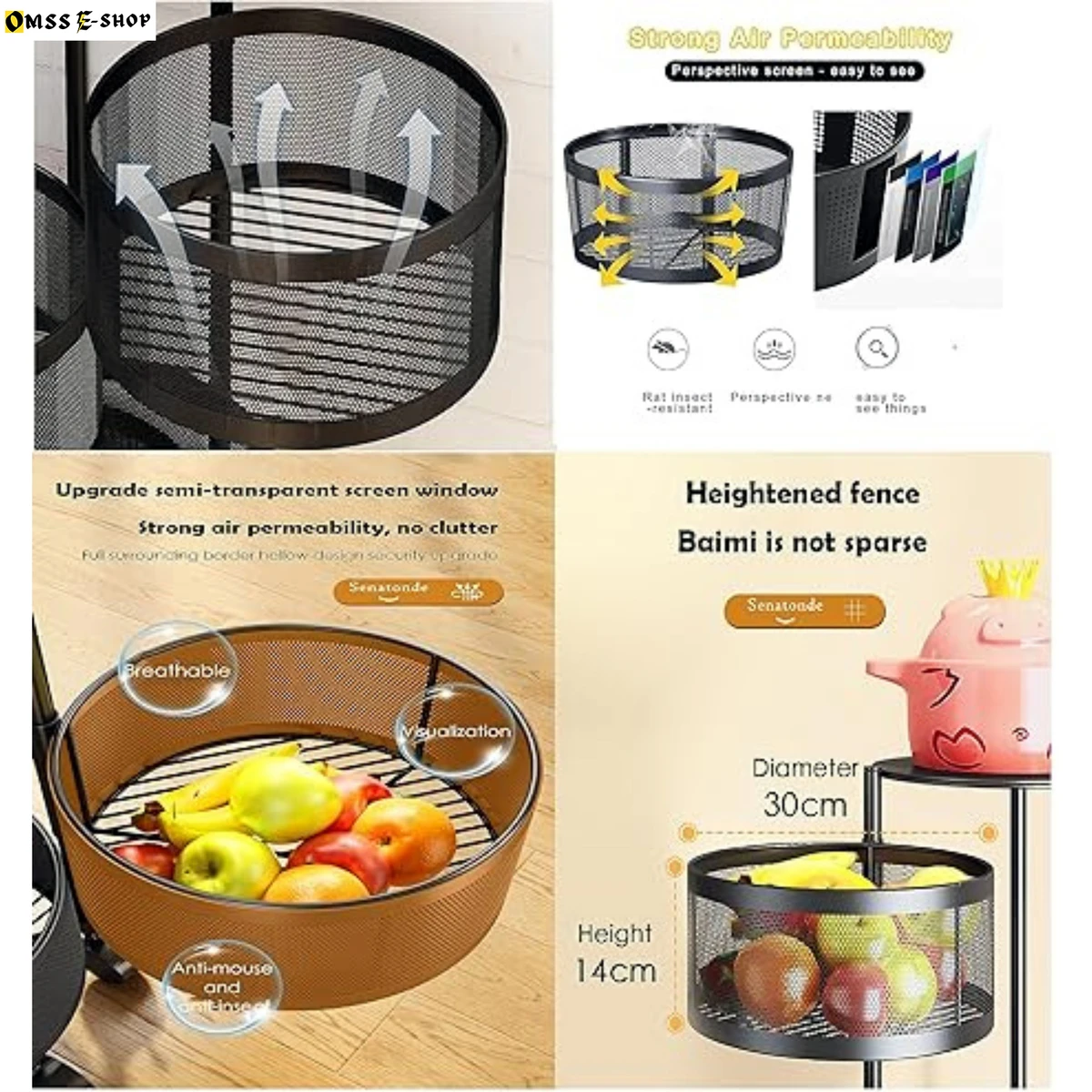 Home Kitchen Cube Round Design Metal Frame 5 Layer Portable And Rotating Storage Trolley Rack Fruits and Vegetable Onion Cutlery, Spice, Jars Container, Basket Organizer Holder Stand for Kitchen - Black Color
